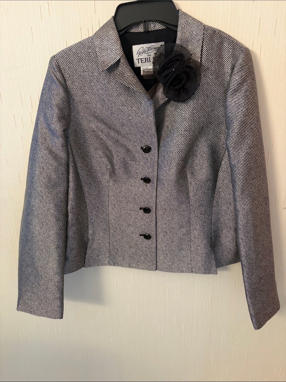 Teri Jon Black & White Silk Cropped Blazer with Floral Accent